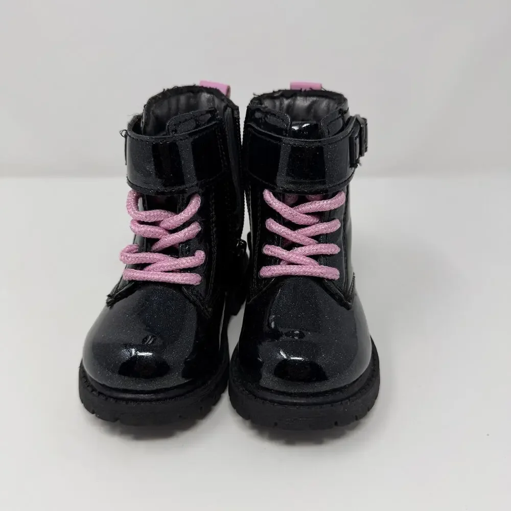 Carter’s Girls Black Patent Combat Boots Pink Laces 5M